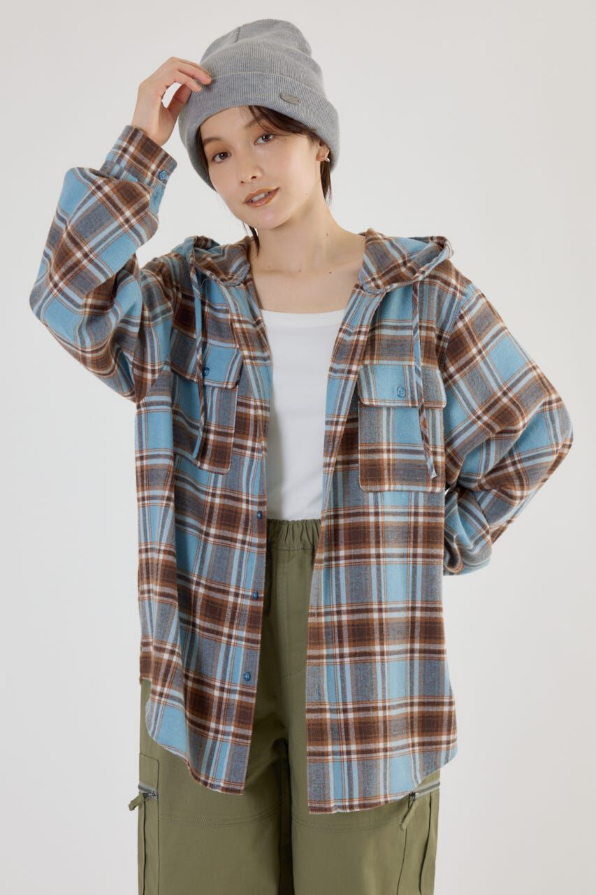 RODEO CROWNS「フードチェックシャツ」|シャツ・ブラウス|柄BLU5