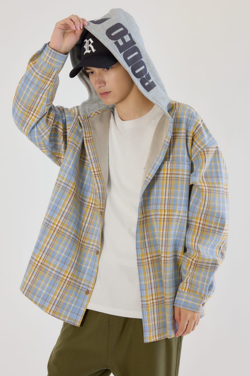 RODEO CROWNS「ボンディングフーデッドチェックシャツ」|シャツ・ブラウス|L/BLU1