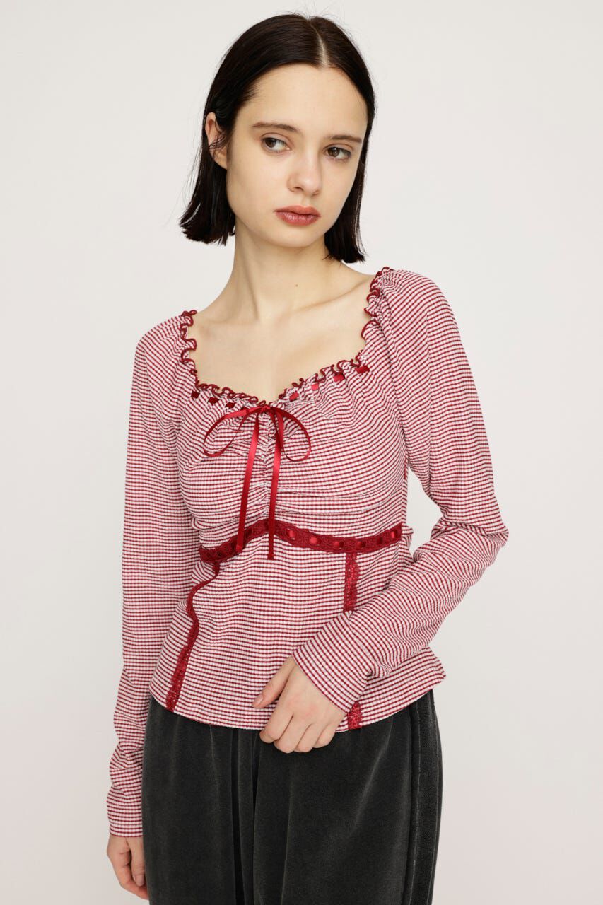 SLY「PLAID RIBBON CUT トップス」|Tシャツ・カットソー|M/RED7