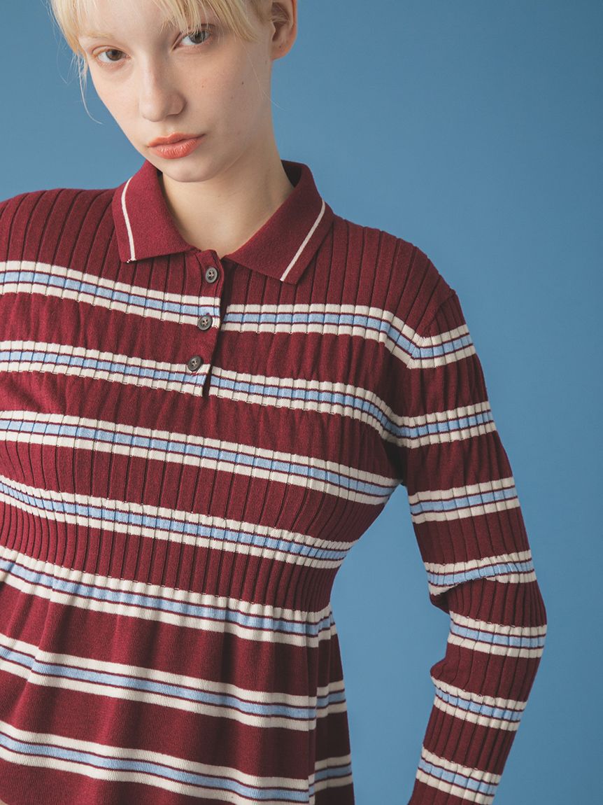 FURFUR「ボーダーペプラムポロニットトップス」|ニット・セーター|
