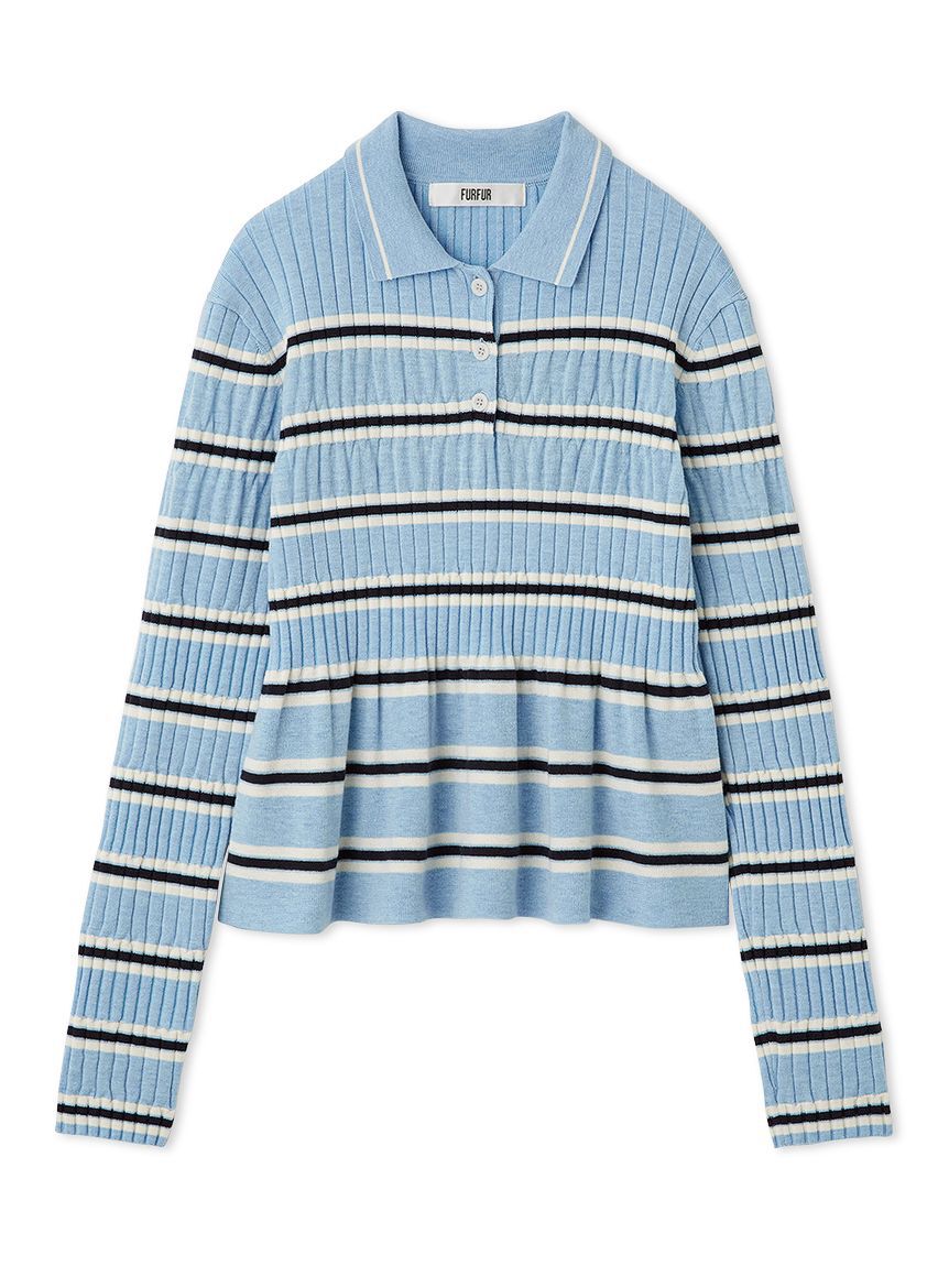 FURFUR「ボーダーペプラムポロニットトップス」|ニット・セーター|SAX