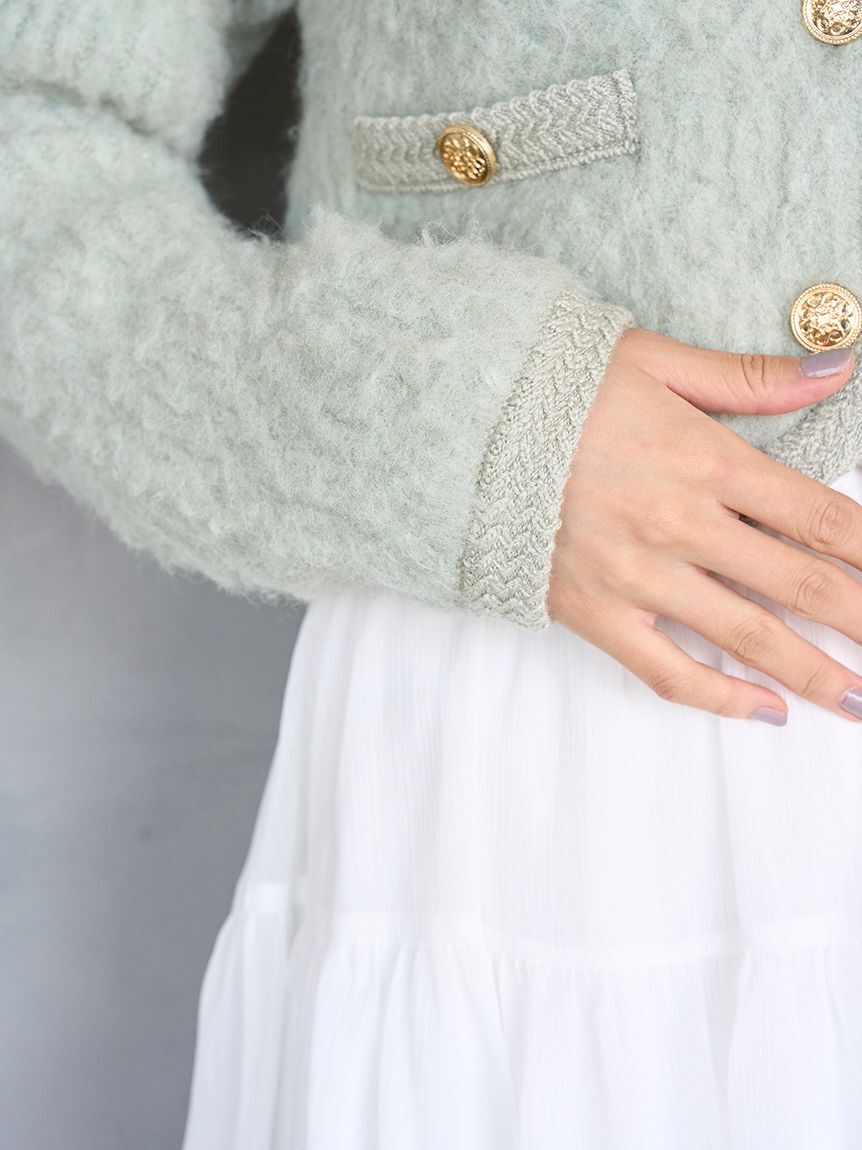 SNIDEL「ファーライクフリルニットジャケット」|ノーカラージャケット|