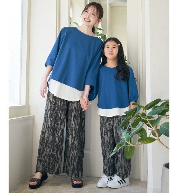 ikka kids「【親子おそろい】梨地裾レイヤー5分袖プルオーバー（120~160cm）」|Tシャツ・カットソー|