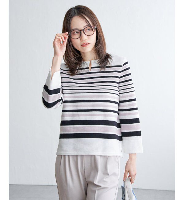 IKKA LOUNGE「リップルボーダーキーネックプルオーバー」|Tシャツ・カットソー|グレー