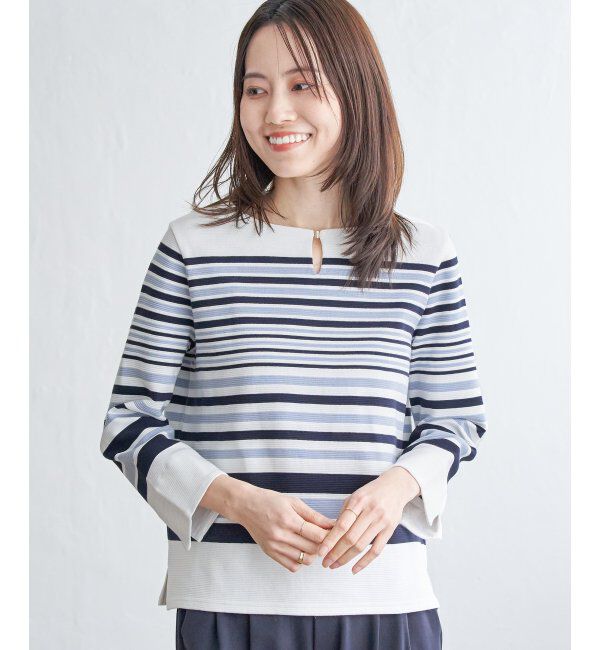 IKKA LOUNGE「リップルボーダーキーネックプルオーバー」|Tシャツ・カットソー|ブルー