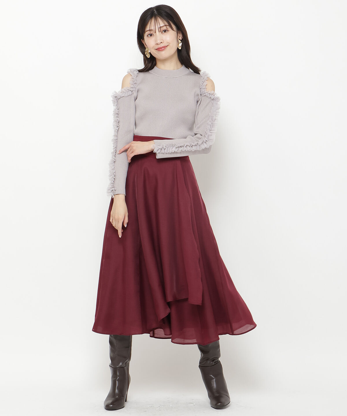 アンドクチュール「アシメシアーラッフルスカート」|フレア|ボルドー