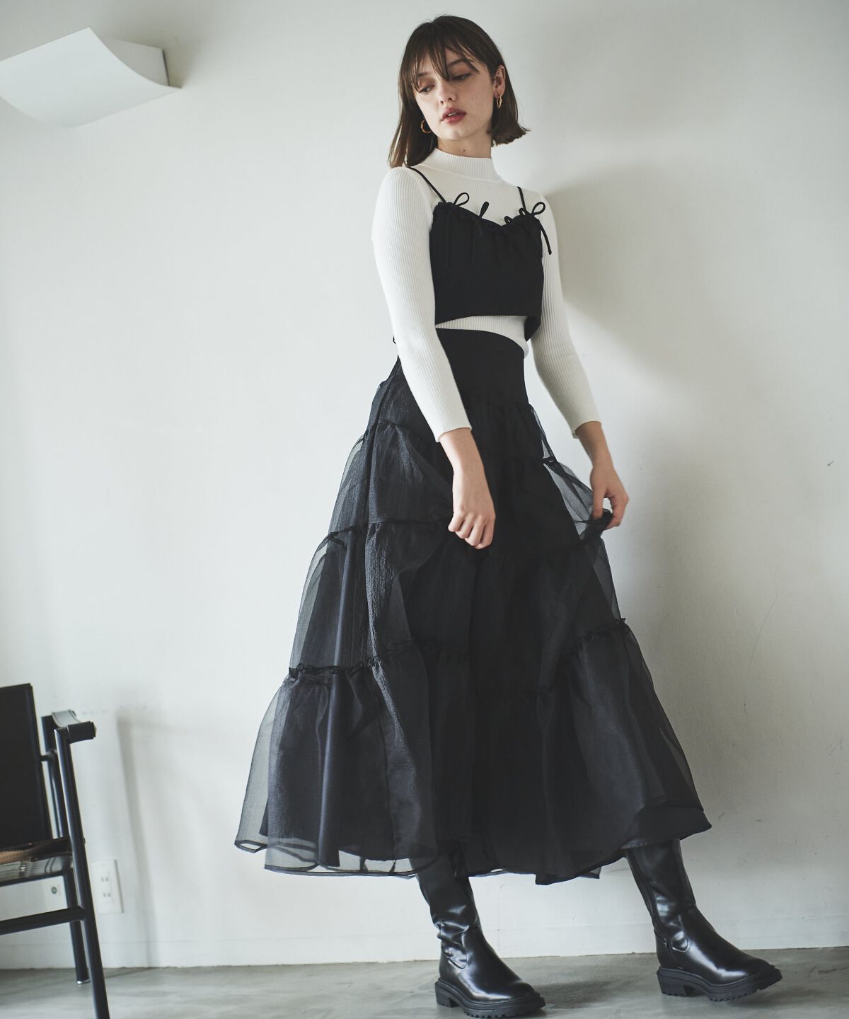 アンドクチュール「オーガンジーシアーティアードスカート」|フレア|