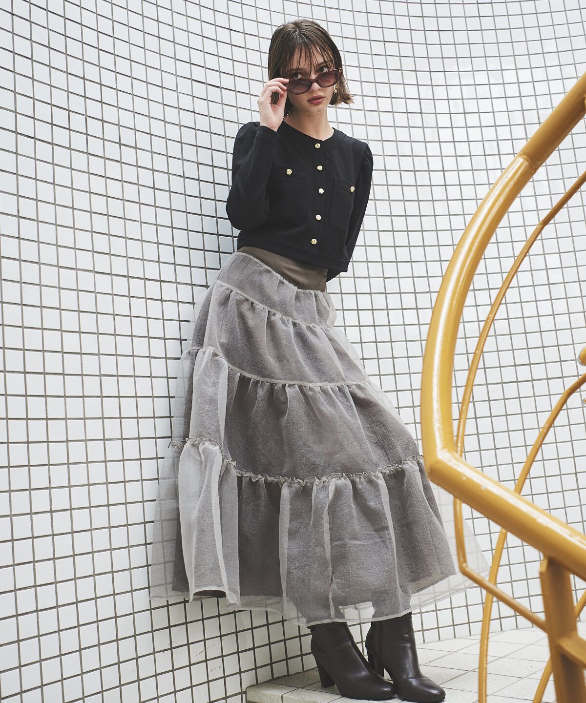 アンドクチュール「オーガンジーシアーティアードスカート」|フレア|