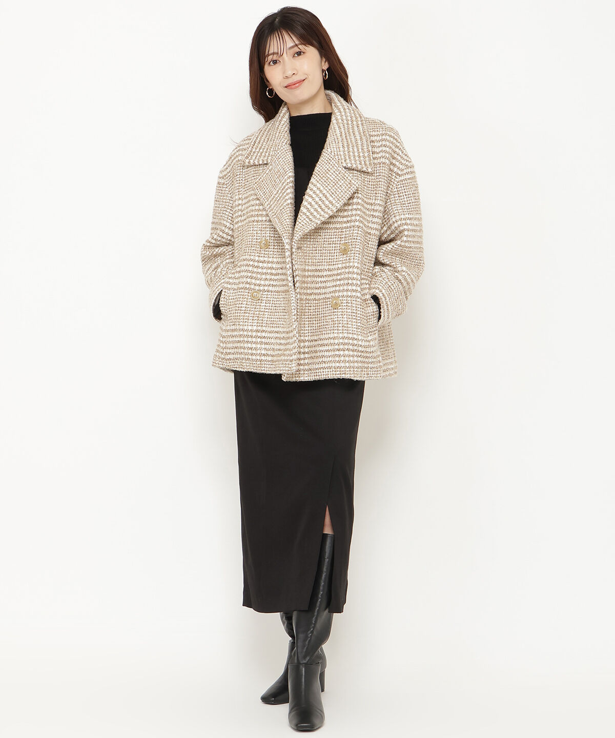 アンドクチュール「ウールグレンチェックショートコート」|ダウン|