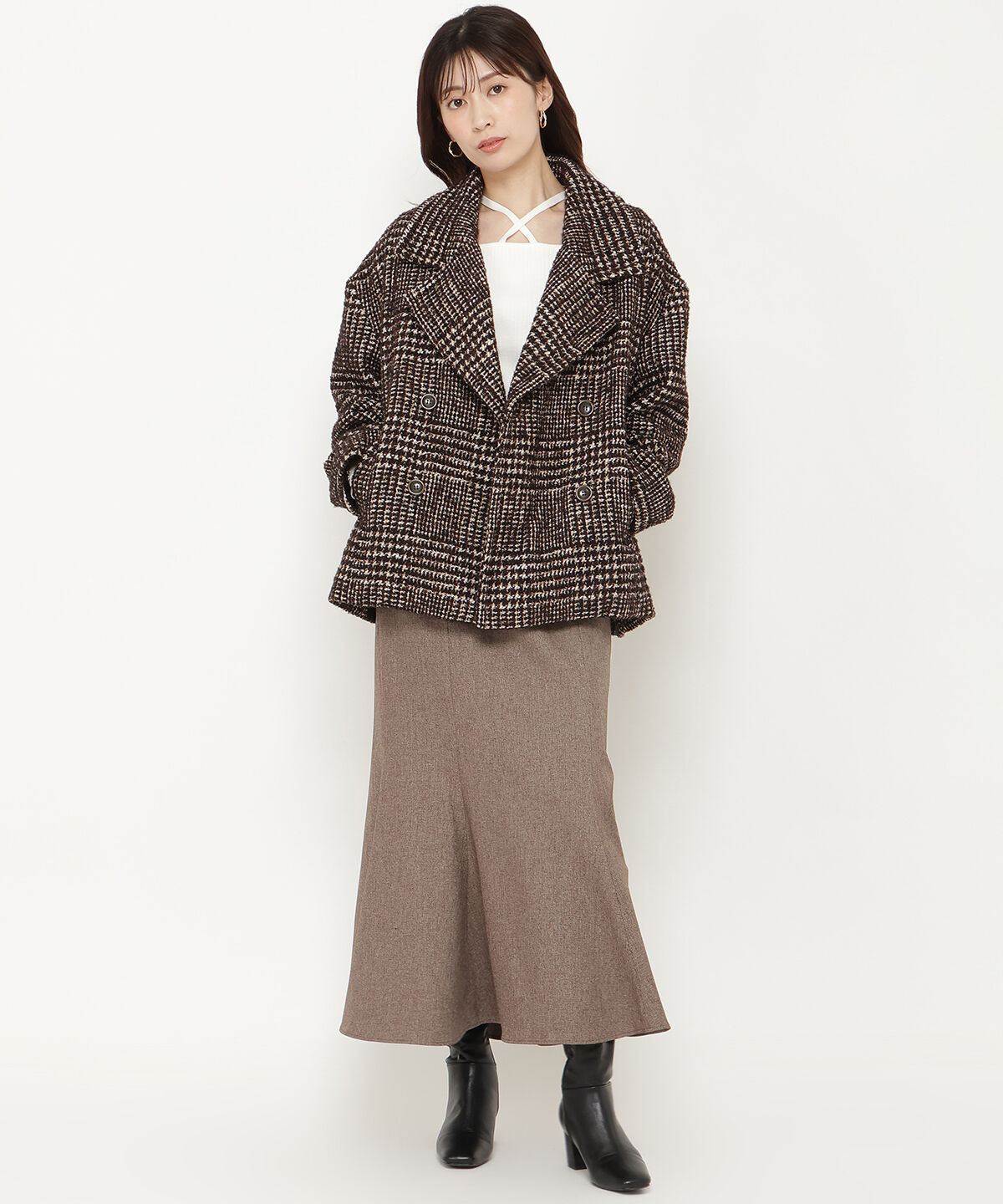 アンドクチュール「ウールグレンチェックショートコート」|ダウン|