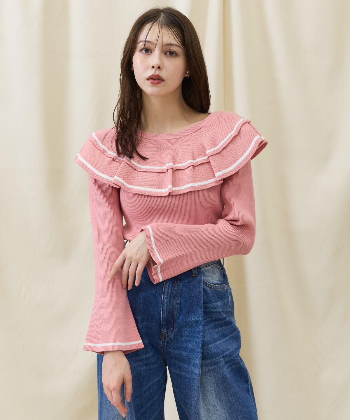 アンドクチュール「配色ケープフリルニット」|ニット・セーター|ピンク