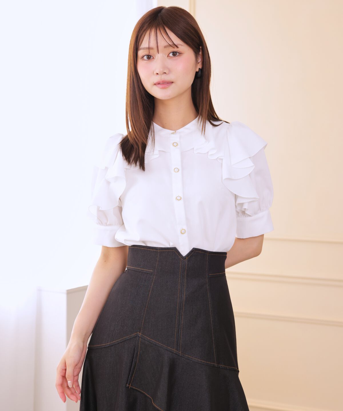 アンドクチュール「デニムライクレイヤードフリルスカート」|フレア|