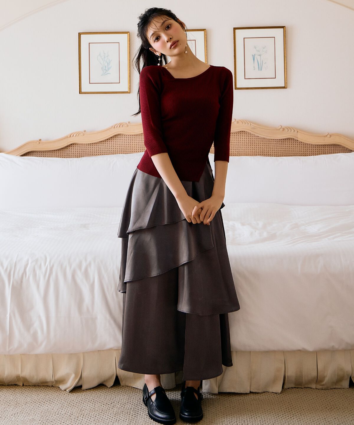 アンドクチュール「サテンアシメフリルティアードスカート」|フレア|