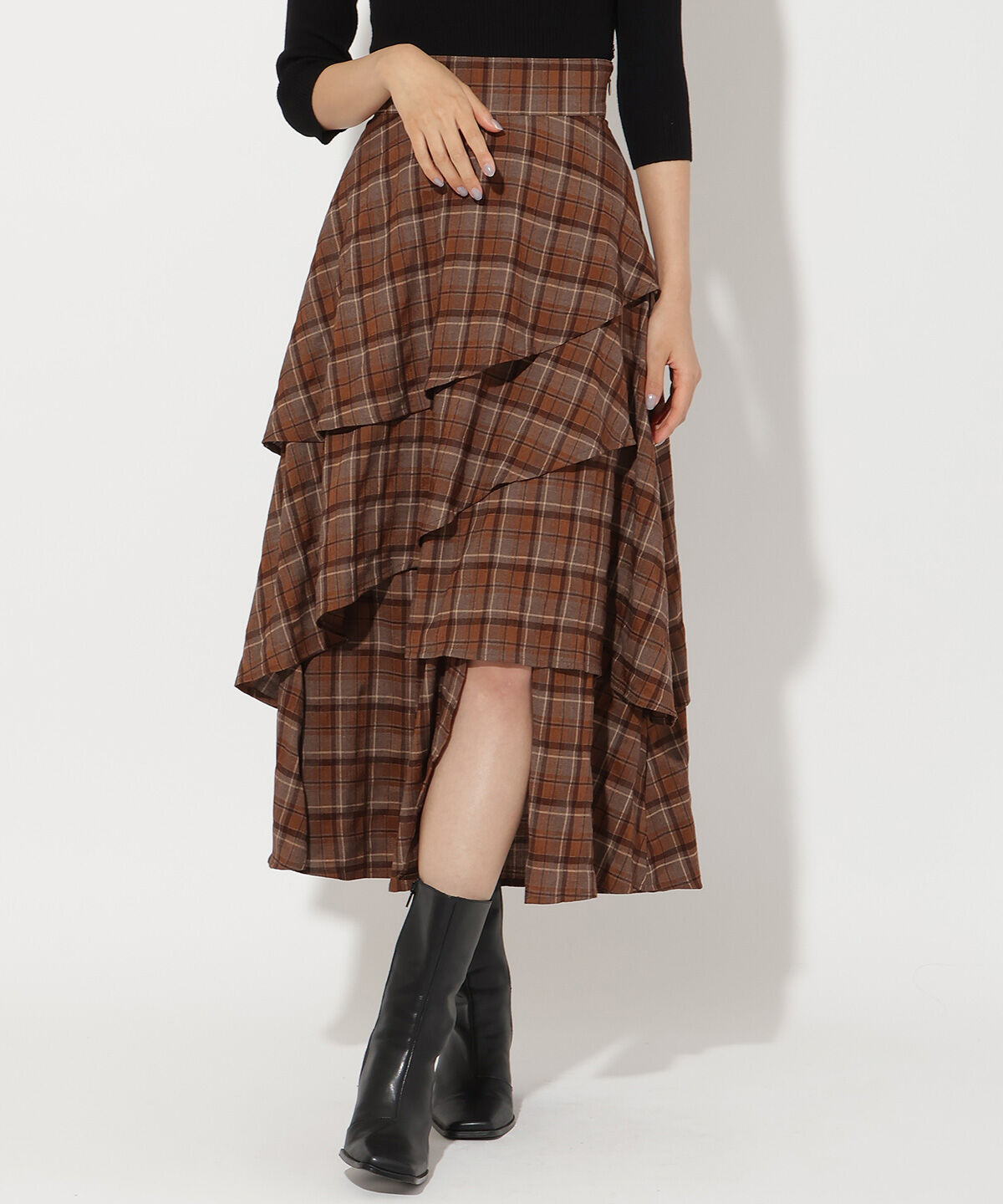 アンドクチュール「チェックアシメティアードスカート」|フレア|