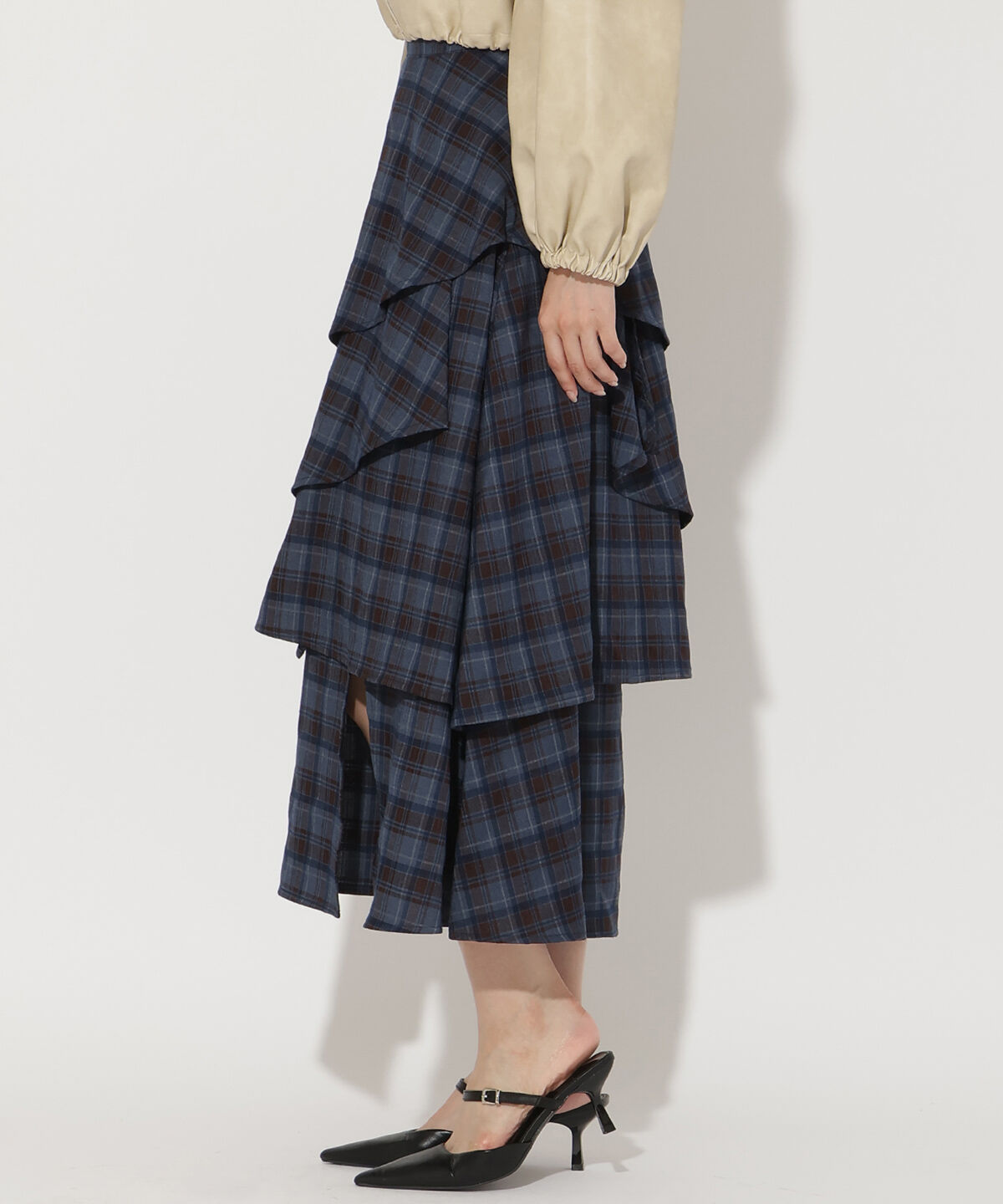 アンドクチュール「チェックアシメティアードスカート」|フレア|