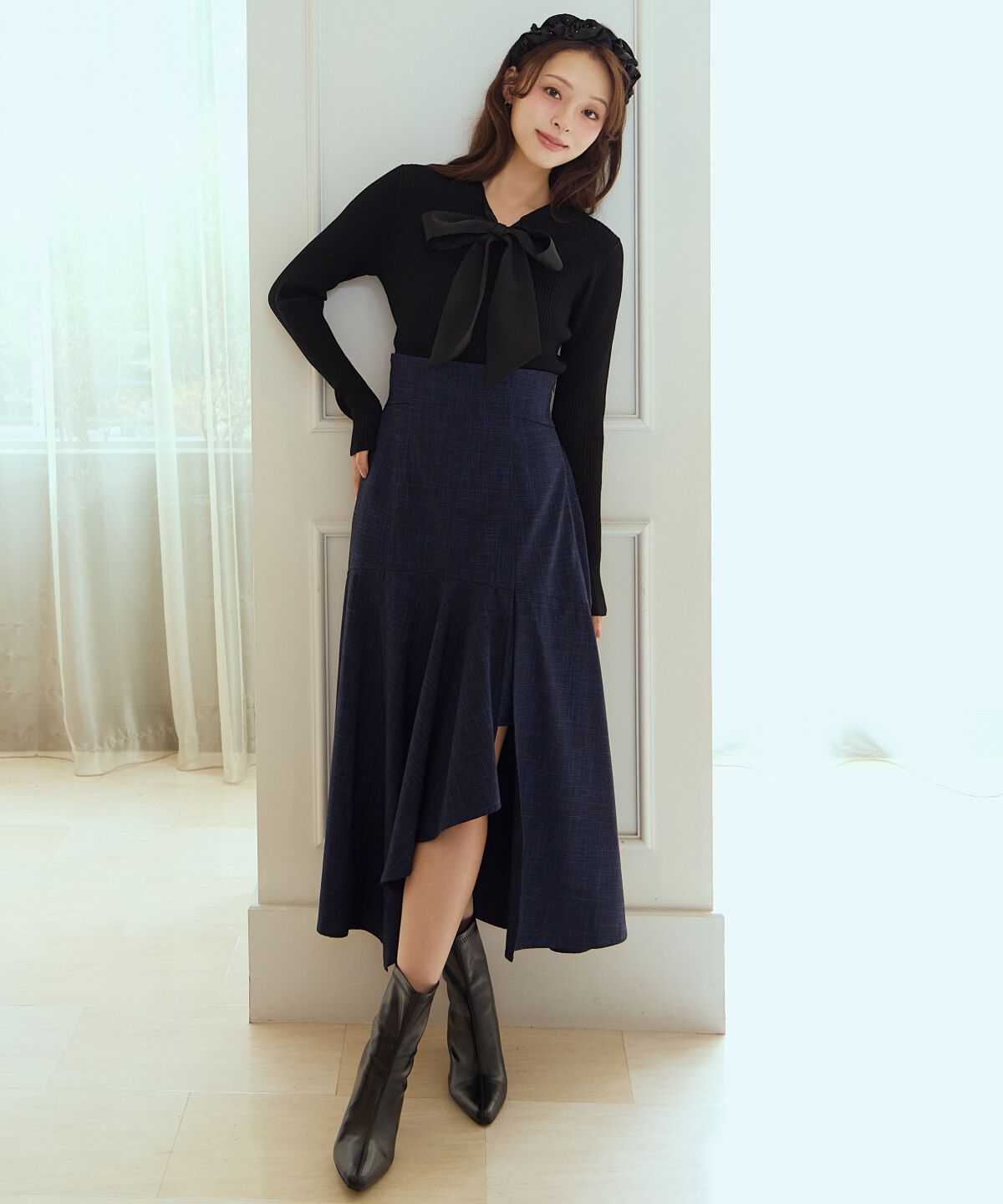 アンドクチュール「リボンボウタイ付きリブプルオーバー」|ニット・セーター|