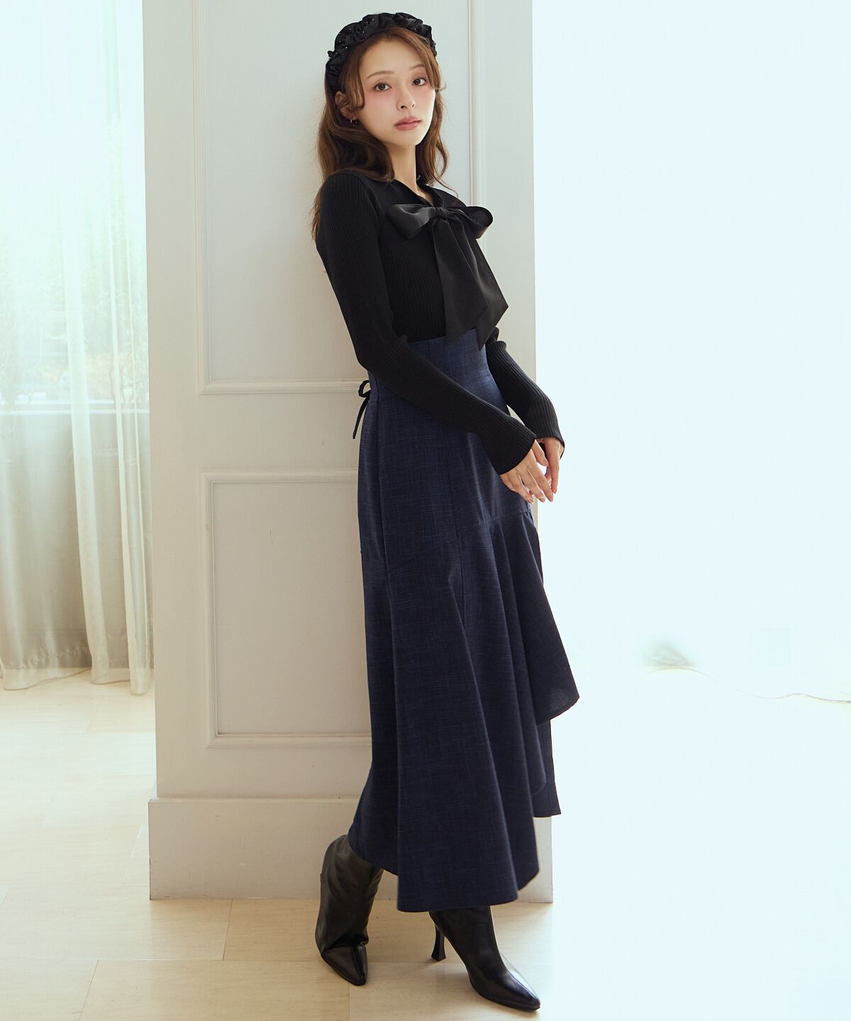 アンドクチュール「リボンボウタイ付きリブプルオーバー」|ニット・セーター|