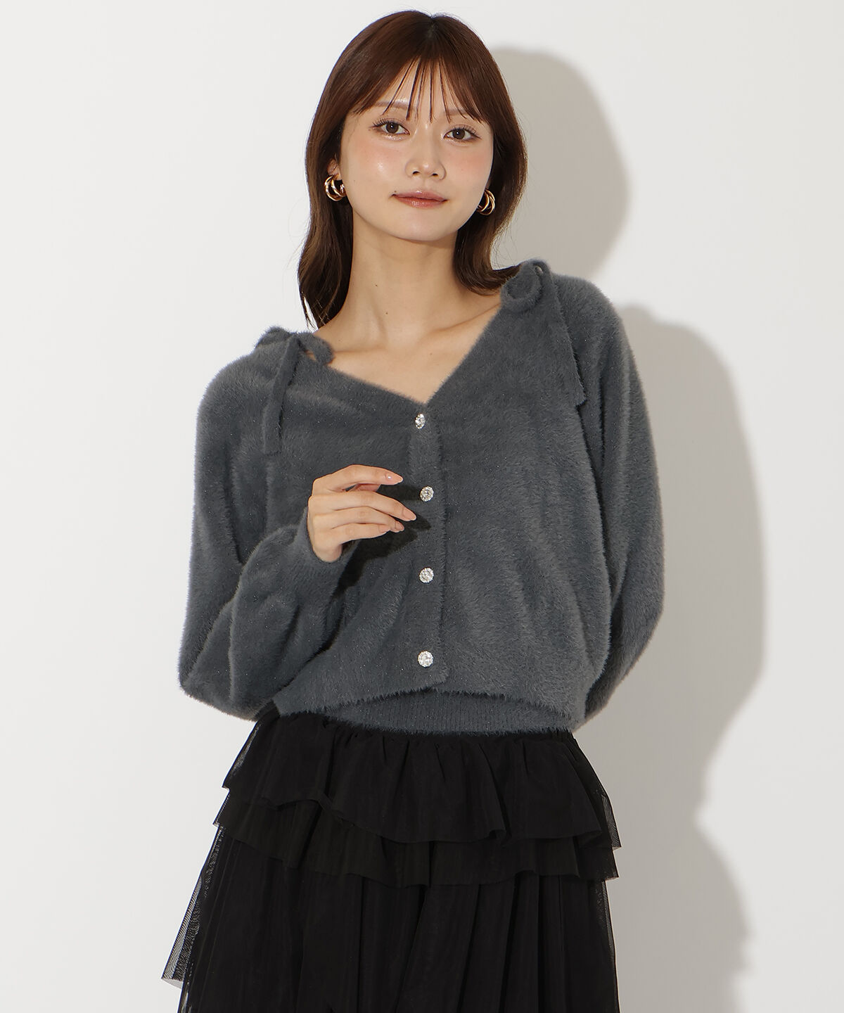 アンドクチュール「ラメフェザーショルダーリボンアンサンブル」|カーディガン|