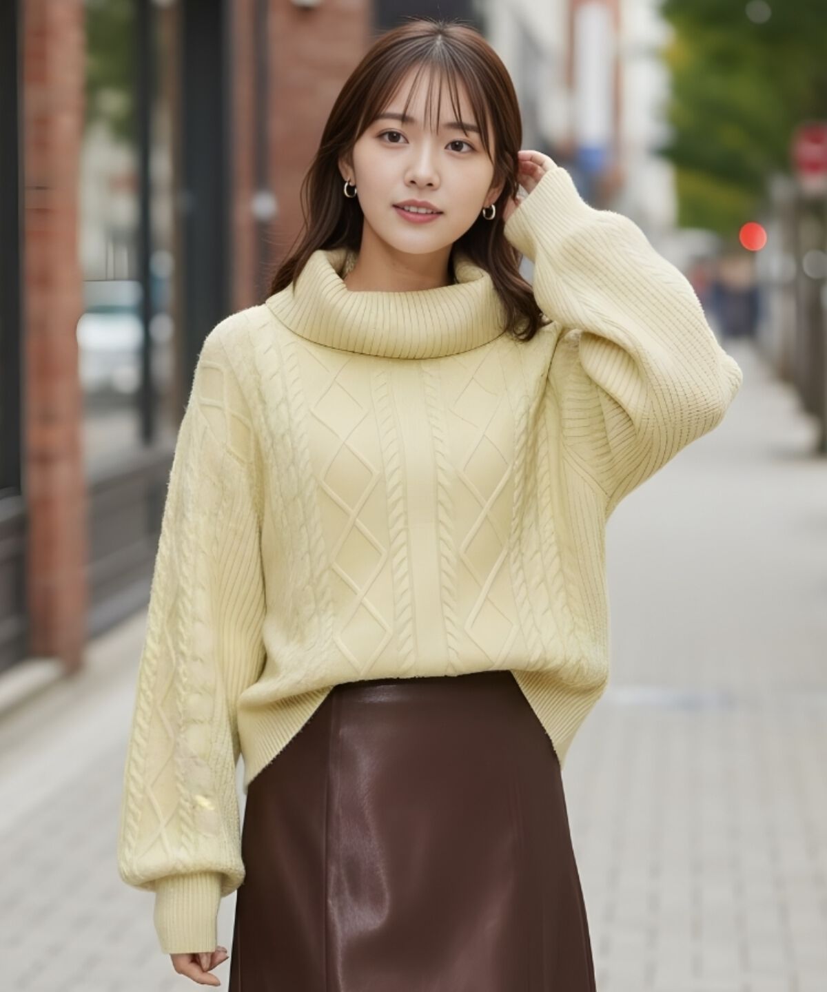 アンドクチュール「ラメケーブルタートルニットプルオーバー」|ニット・セーター|イエロー