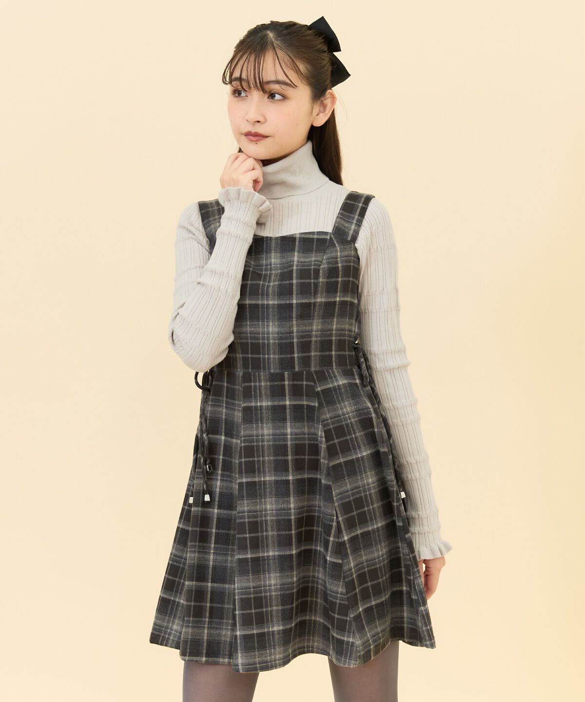 REDYAZEL「チェックサイドダブルリボンワンピース」|ワンピース|グレー
