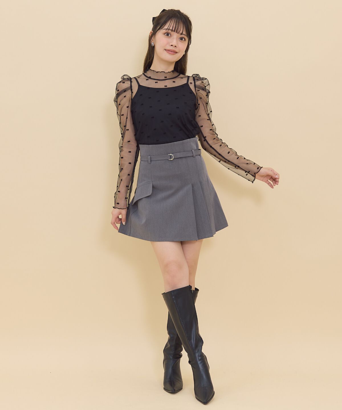 REDYAZEL「ハイウエストアシメプリーツミニスカート」|フレア|