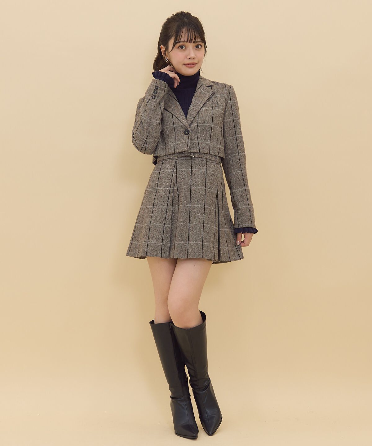 REDYAZEL「ヘリンボーンチェックタックミニスカート」|フレア|