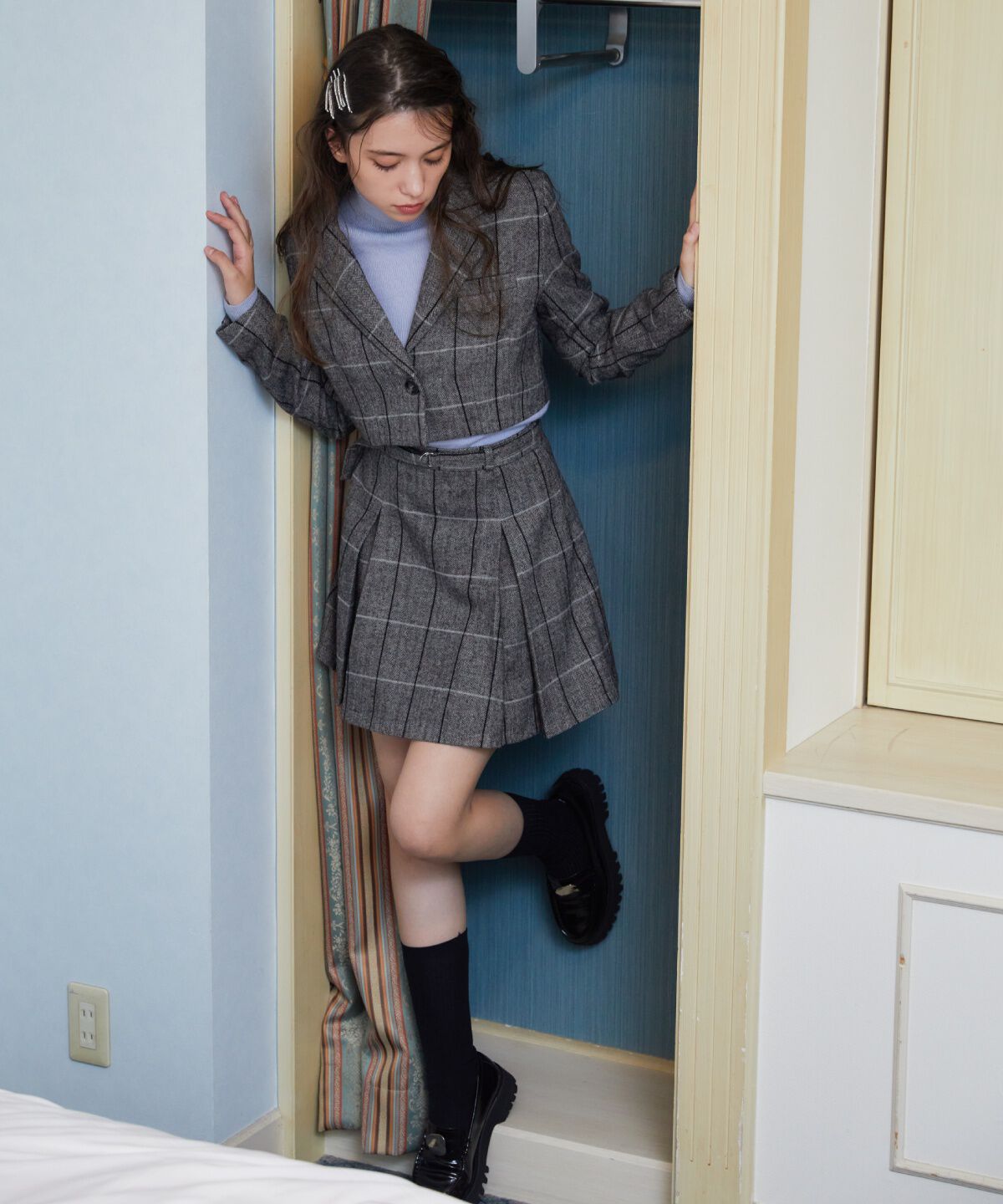 REDYAZEL「ヘリンボーンチェックタックミニスカート」|フレア|