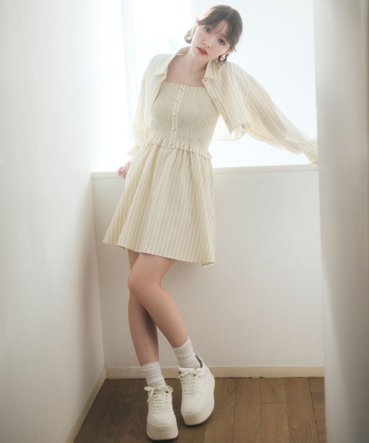 REDYAZEL「ストライプシャツ＆ミニワンピースセット」|ワンピース|ベージュ