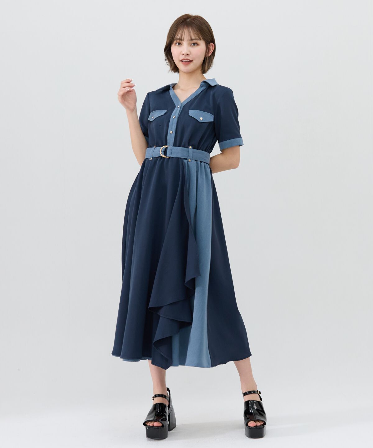 REDYAZEL「バイカラーアシメフリルシャツワンピース」|ワンピース|