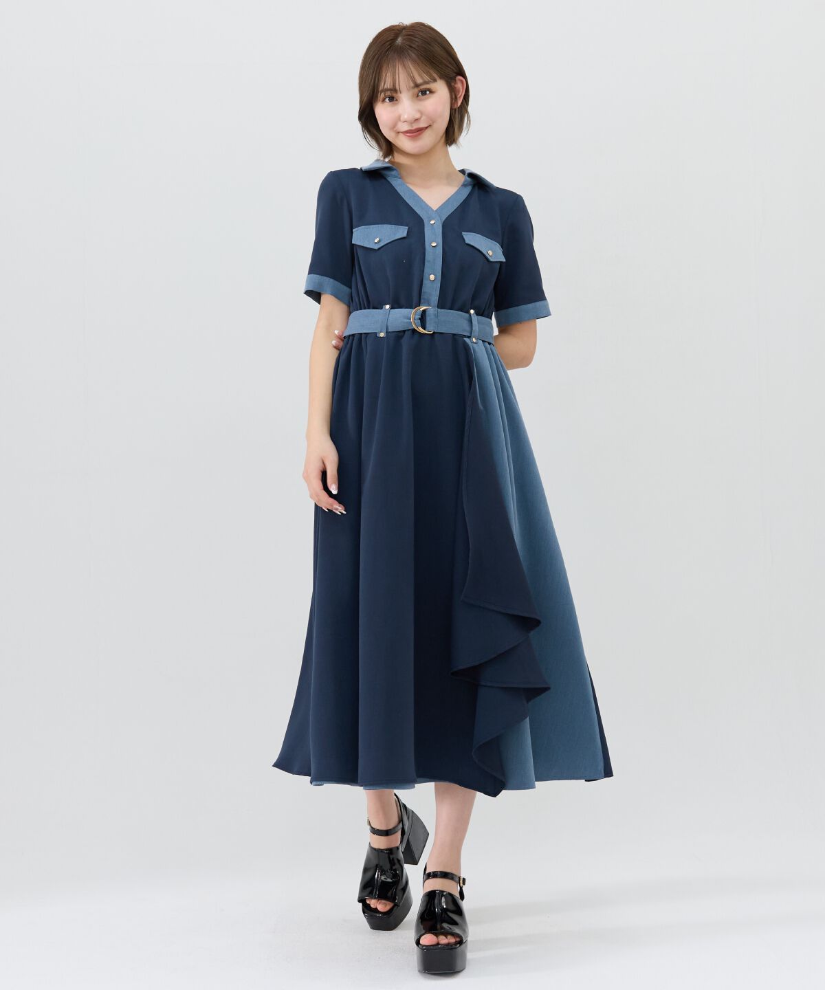 REDYAZEL「バイカラーアシメフリルシャツワンピース」|ワンピース|