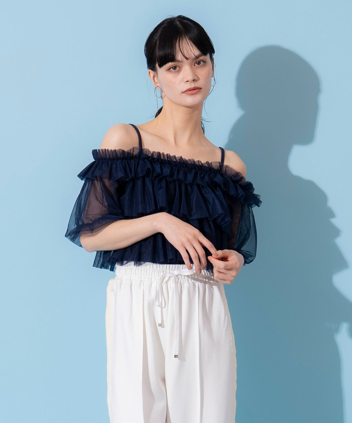 REDYAZEL「ボリュームフリルチュール2WAYトップス」|キャミソール|ネイビー