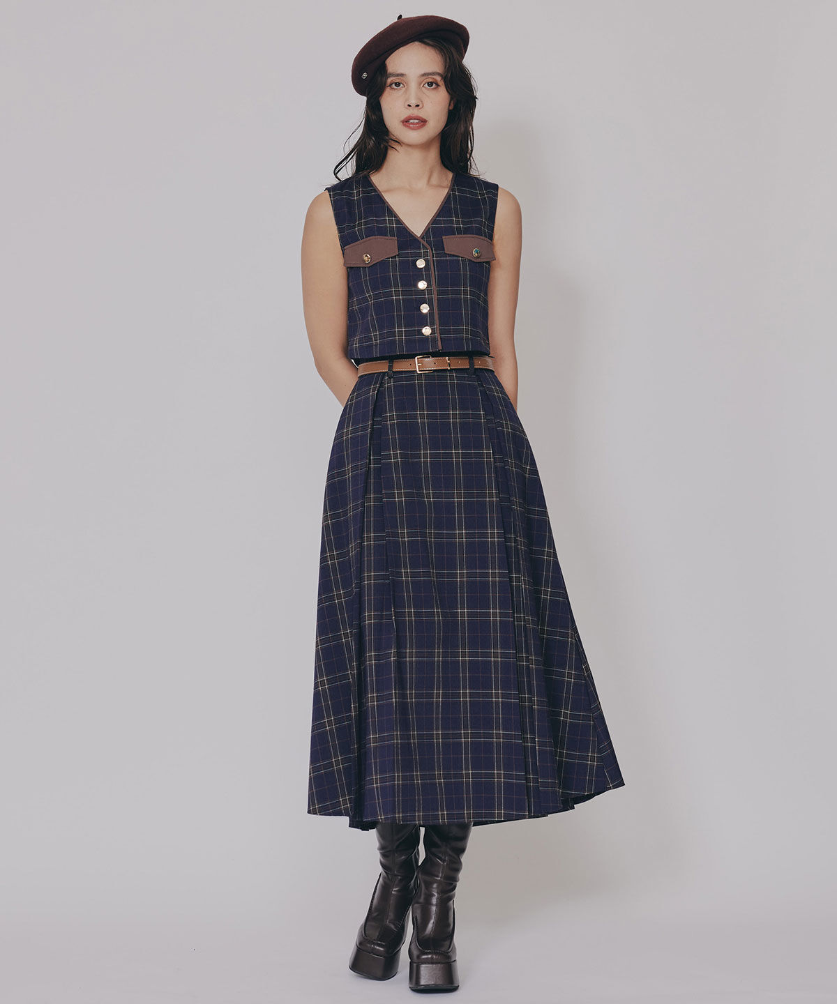 REDYAZEL「クラシカルチェックベスト&フレアスカートセットアップ」|ワンピース|