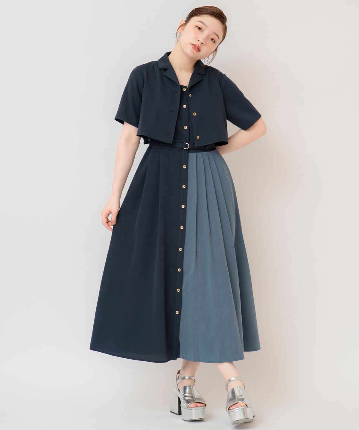 REDYAZEL「バイカラーアシメプリーツシャツワンピース」|ワンピース|