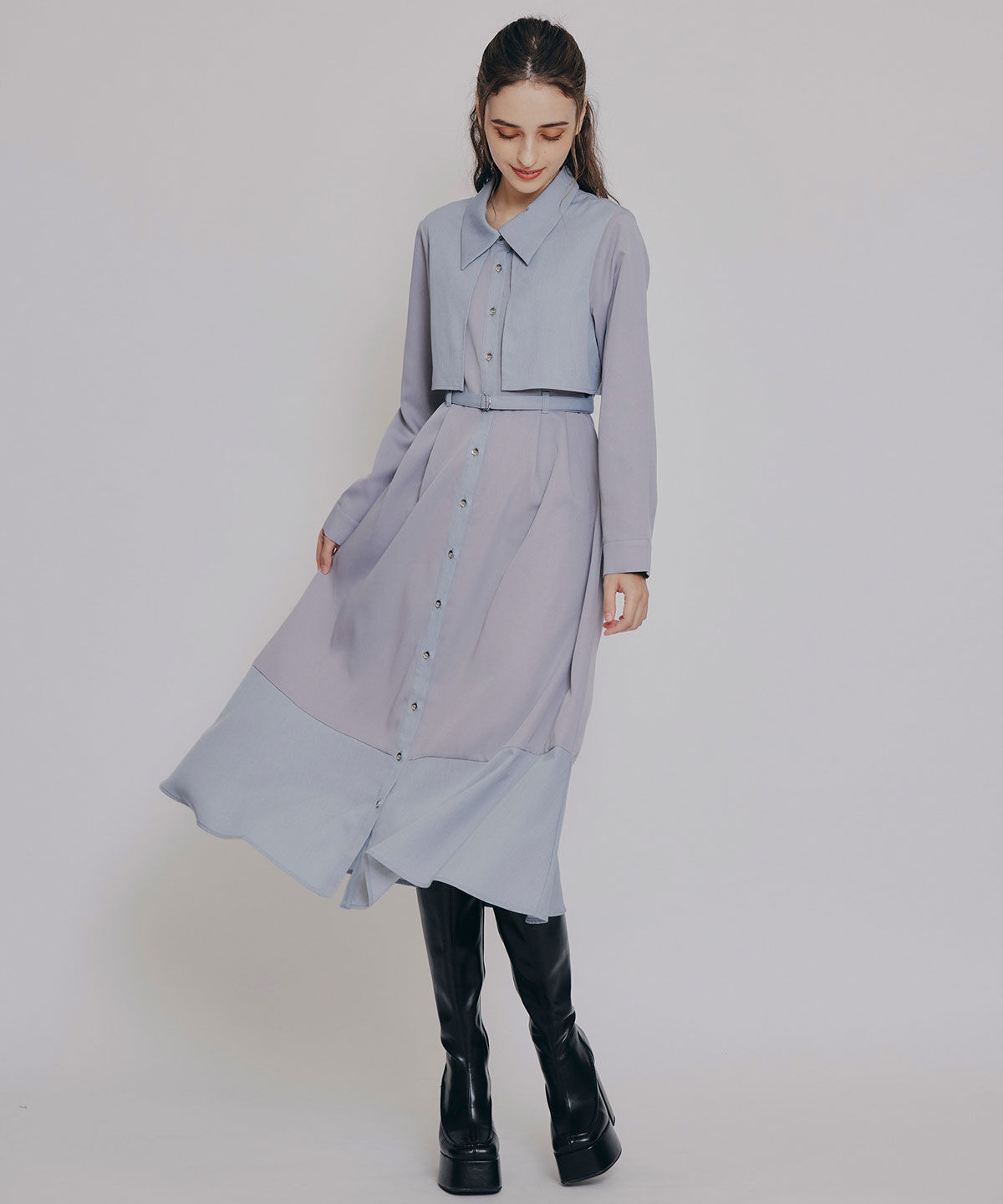 REDYAZEL「カラーブロッキングシャツロングフレアワンピース」|ワンピース|