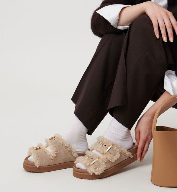 UNITED ARROWS「フェイクファー 2ライン スタッズ サンダル」|サンダル|BEIGE