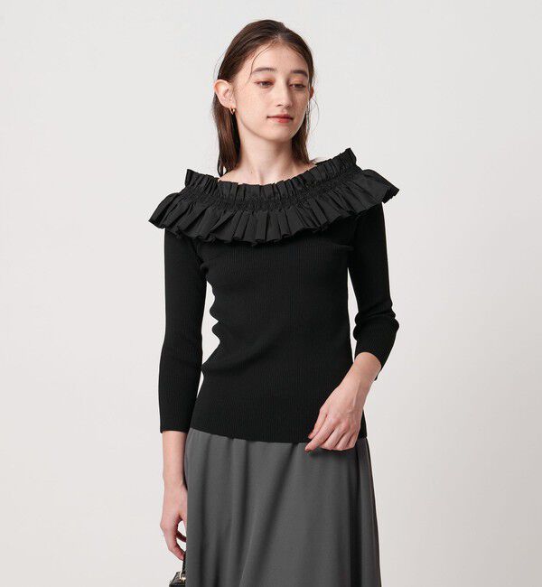 UNITED ARROWS「ギャザー オフショルダー 7分袖ニット ‐ウォッシャブル‐」|ニット・セーター|BLACK