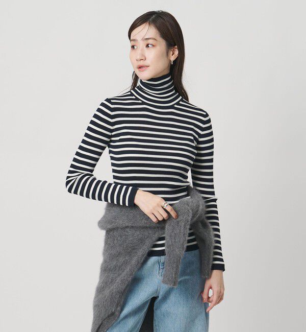 UNITED ARROWS「リブ ボーダー タートル ニット」|ニット・セーター|NAVY