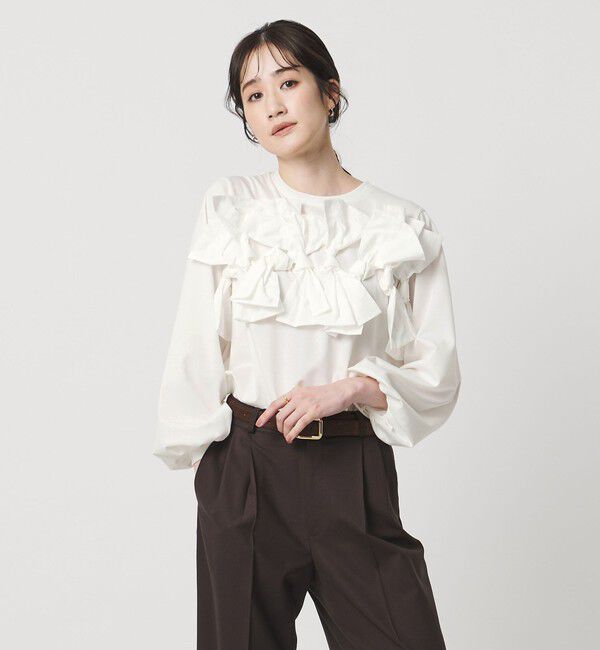 UNITED ARROWS「リボン コンビ パフスリーブ カットソー ‐ウォッシャブル‐」|Tシャツ・カットソー|WHITE