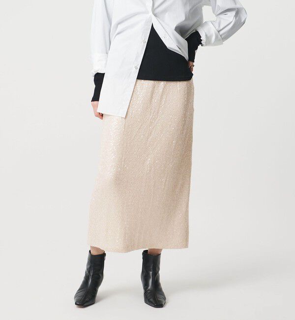 UNITED ARROWS「スパンコール Iライン スカート」|タイト|OFF WHITE