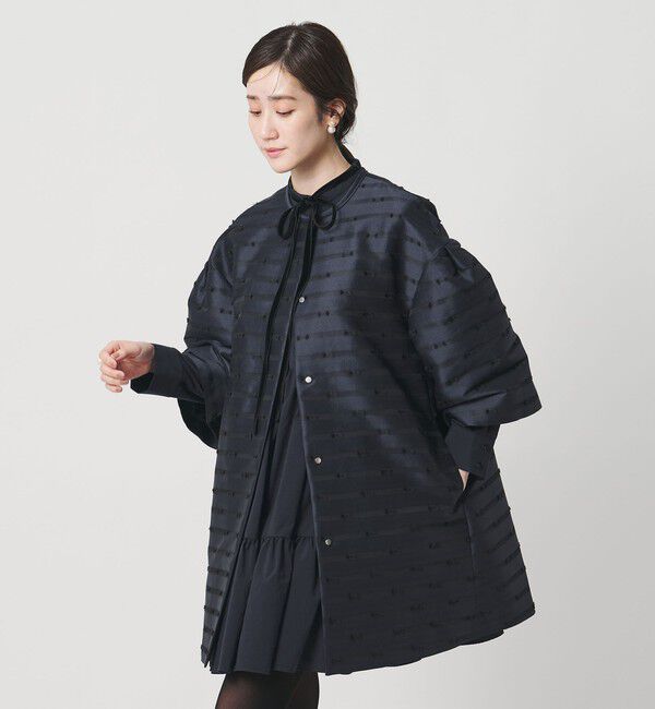 UNITED ARROWS「リボン カットジャガード コート」|ノーカラージャケット|NAVY