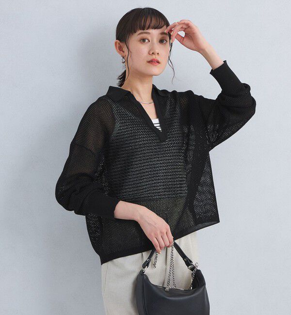 UNITED ARROWS green label relaxing「メッシュ スキッパー ニット プルオーバー -ウォッシャブル-」|ニット・セーター|BLACK
