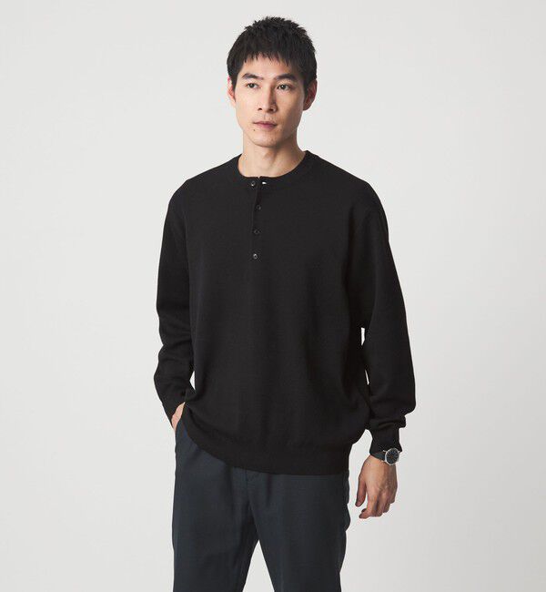 UNITED ARROWS green label relaxing「ダブルフェイス ヘンリーネック ニット」|ニット・セーター|BLACK