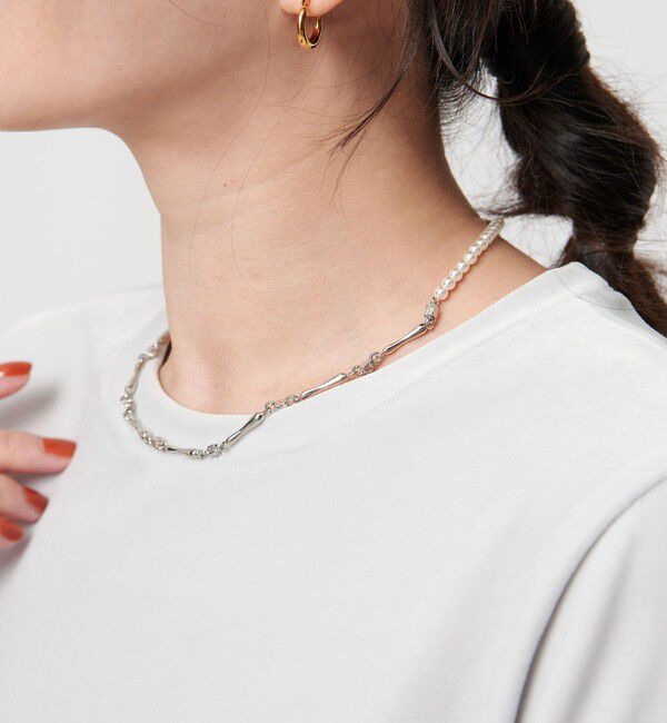 BEAUTY&YOUTH UNITED ARROWS「ビジュー&times;パールモチーフ イビツ ライン ネックレス」|ネックレス|SILVER