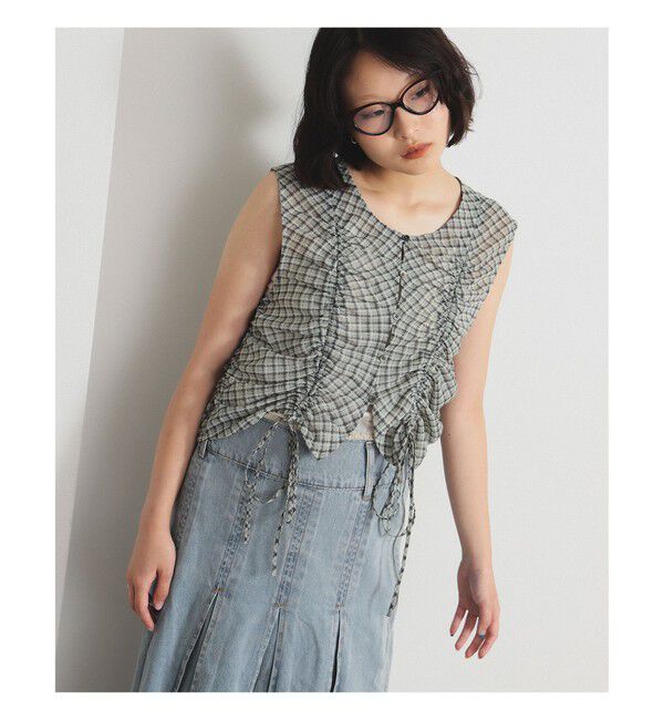 Ray BEAMS 「チェック ギャザー ノースリーブ ブラウス」|タンクトップ|