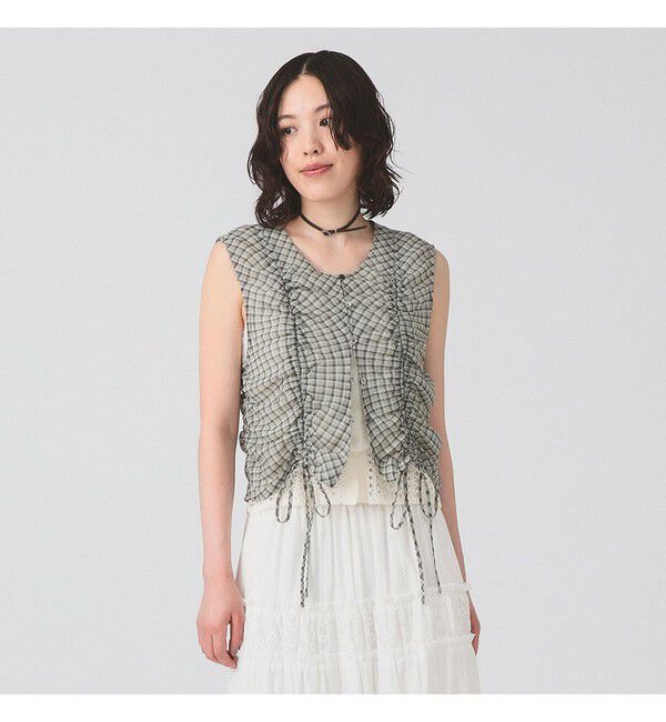 Ray BEAMS 「チェック ギャザー ノースリーブ ブラウス」|タンクトップ|