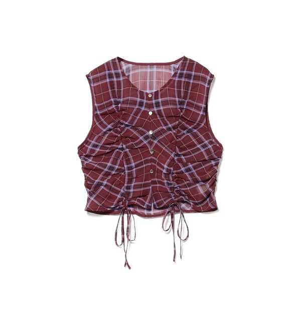 Ray BEAMS 「チェック ギャザー ノースリーブ ブラウス」|タンクトップ|