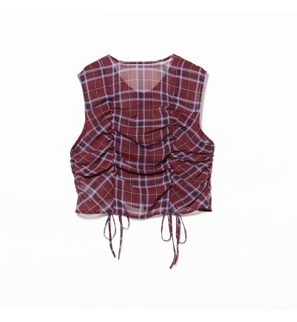 Ray BEAMS 「チェック ギャザー ノースリーブ ブラウス」|タンクトップ|