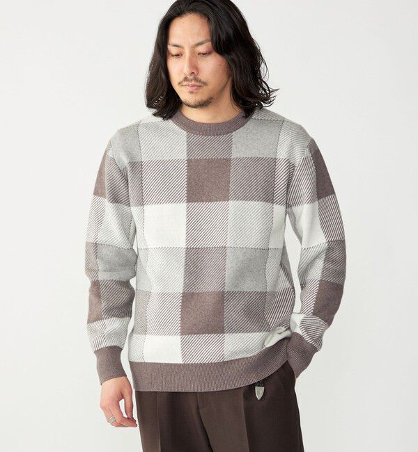 SHIPS「SHIPS:〈手洗い可能〉コットン カシミヤ チェック クルーネック ニット」|ニット・セーター|ライトカーキ