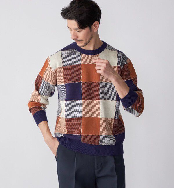 SHIPS「SHIPS:〈手洗い可能〉コットン カシミヤ チェック クルーネック ニット」|ニット・セーター|