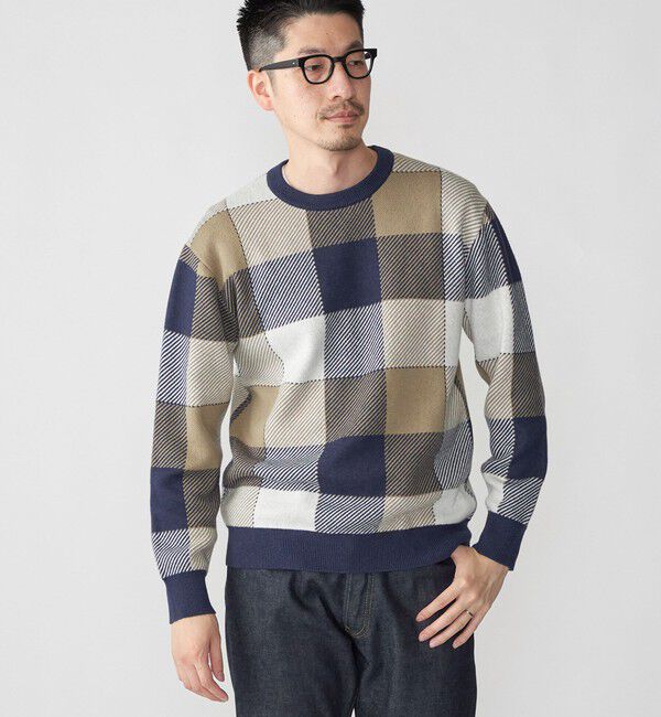 SHIPS「SHIPS:〈手洗い可能〉コットン カシミヤ チェック クルーネック ニット」|ニット・セーター|